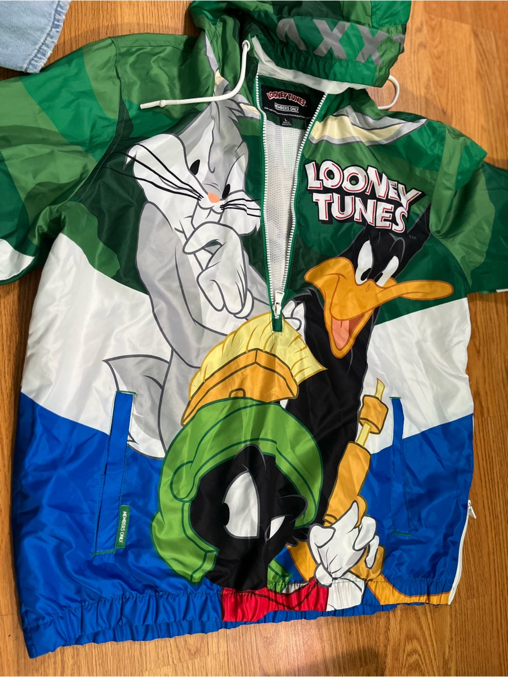 Warner Bros. Looney Tunes Green Blue White Graphic Windbreaker